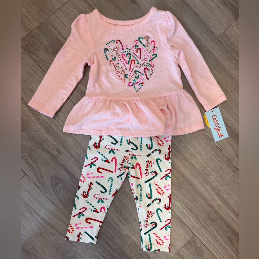 Cat & Jack Pink Peplum Top with Candy Cane Print Leggings